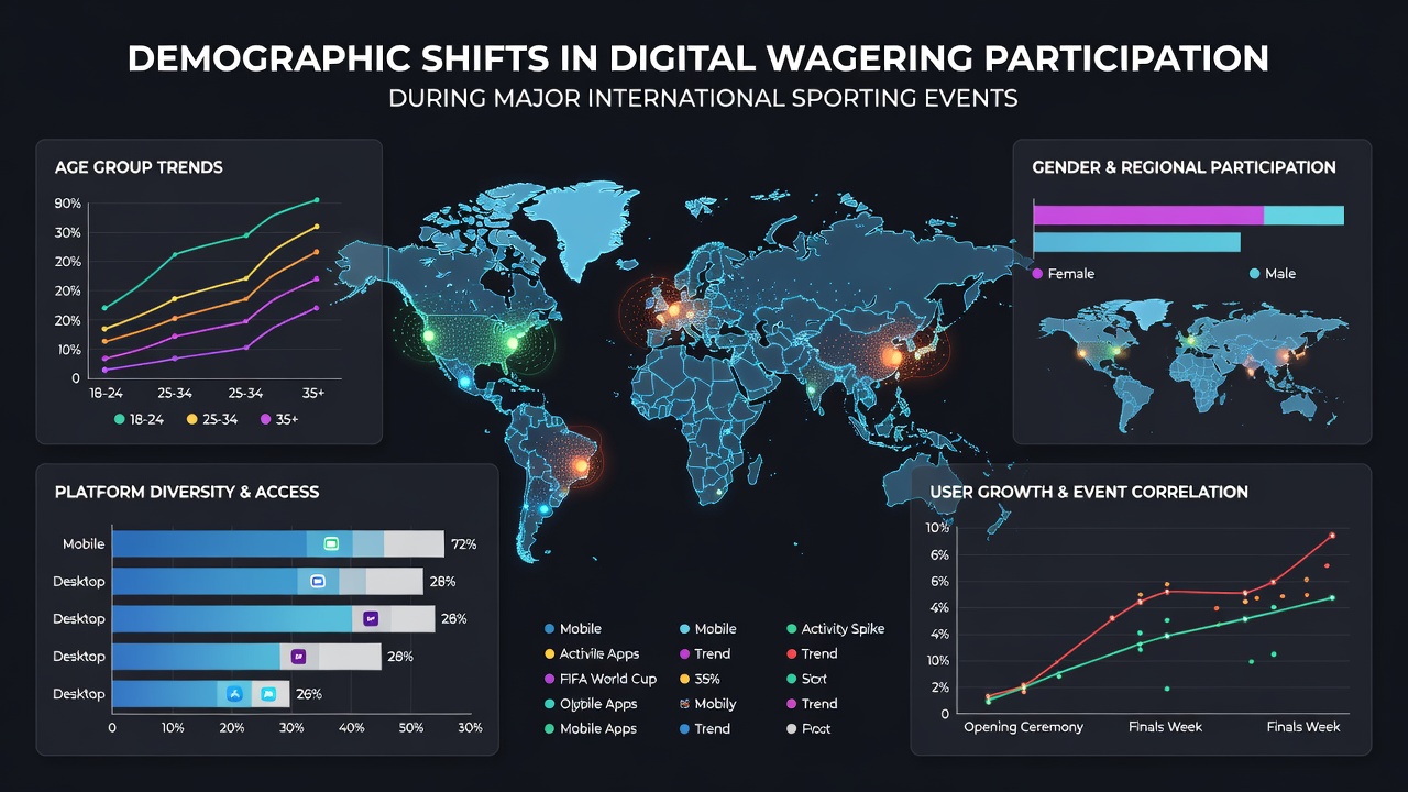 Infographic showing age and gender distribution changes in digital wagering during global sports events like the World Cup and Olympics