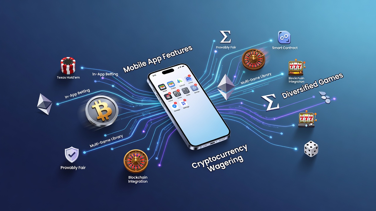 Mobile application interface displaying interconnected cryptocurrency wagering options including slots, sports betting, and table games with seamless wallet integration