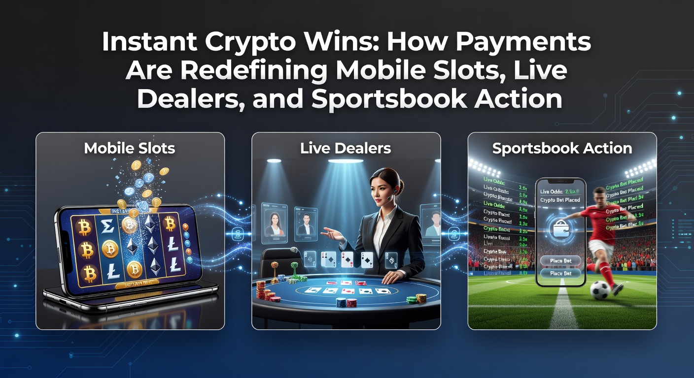 Vibrant digital illustration showing lightning-fast crypto transactions lighting up mobile slot reels, live dealer tables, and sportsbook odds boards