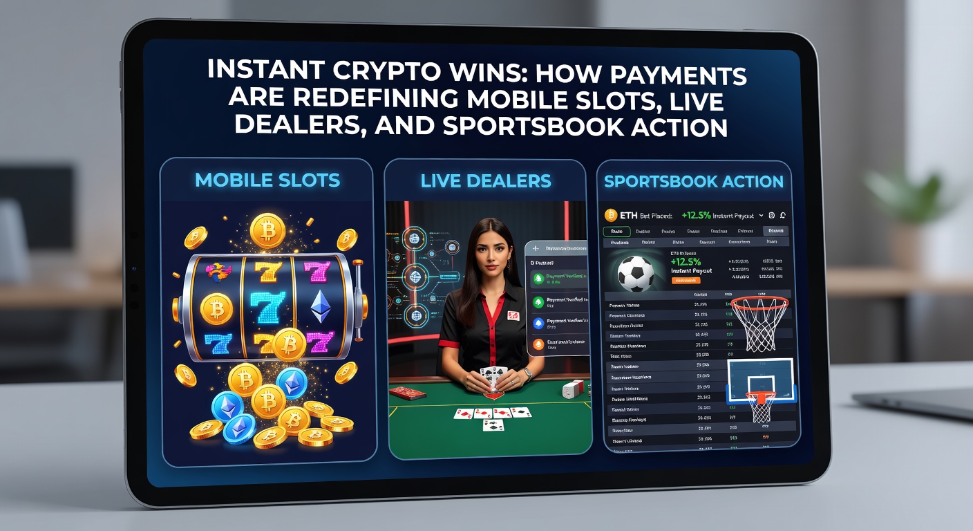 Dynamic scene of a live dealer shuffling cards while crypto icons flash instant payouts on a sportsbook overlay
