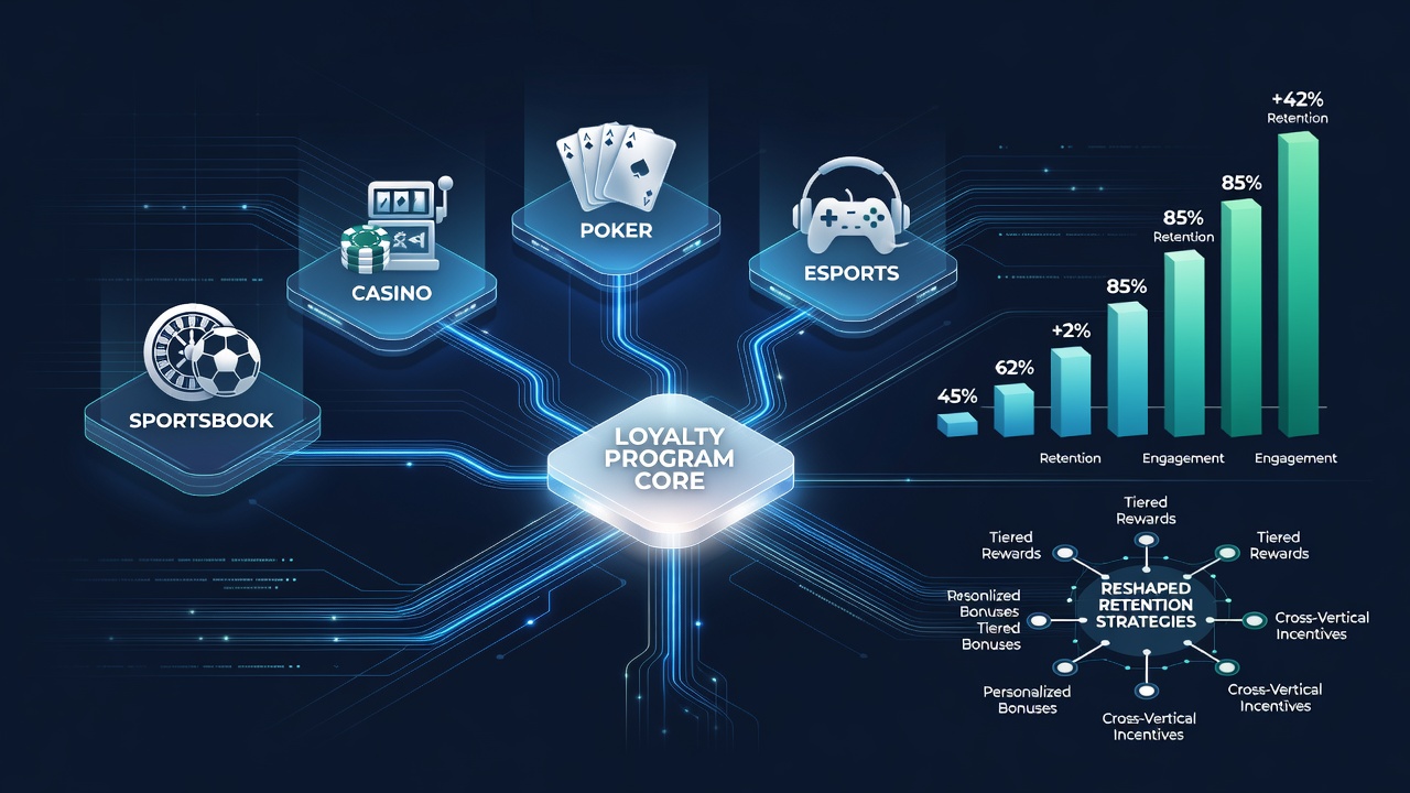 Analytics interface displaying player segmentation and loyalty tier progression in a multi-vertical gambling network