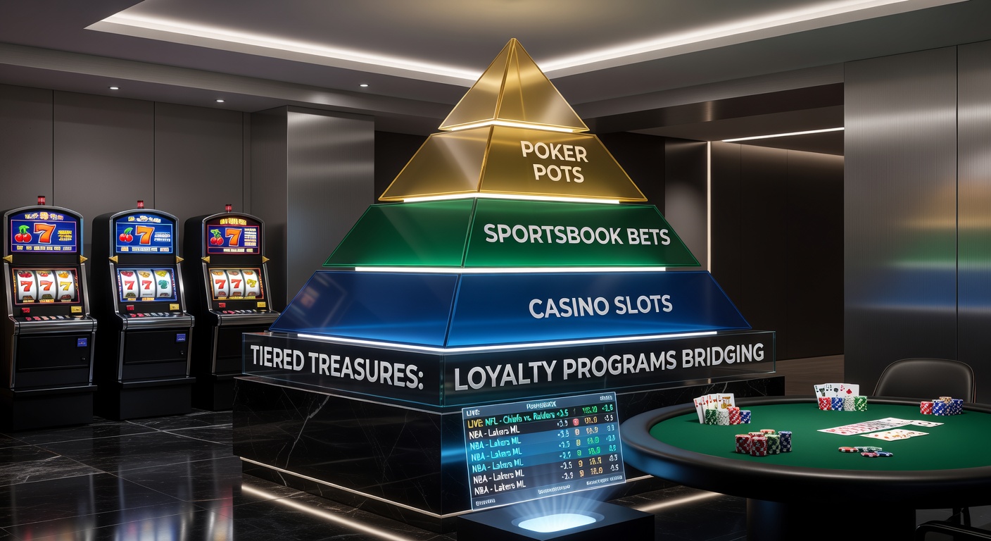 Vibrant graphic showing loyalty tiers represented as treasure chests unlocking rewards across slot machines, sportsbook odds boards, and poker tables