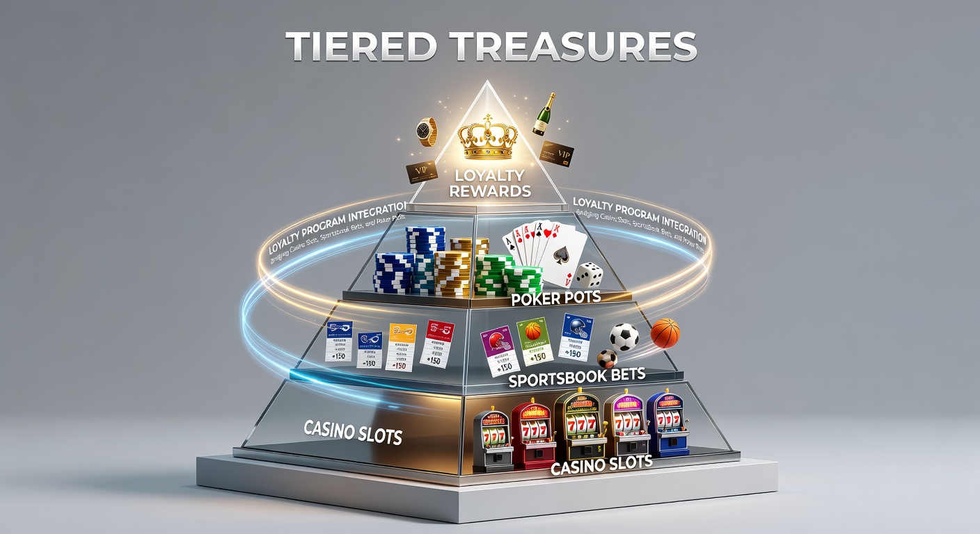 Dynamic infographic depicting a player's journey through loyalty tiers, with icons for slot wins, successful sports bets, and poker hands contributing to advancement