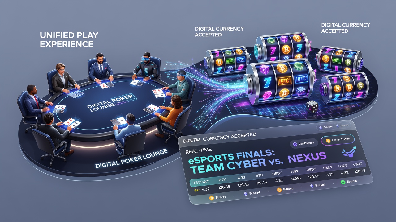 Unified visual theme in a crypto gambling app showing card tables and reel games seamlessly integrated
